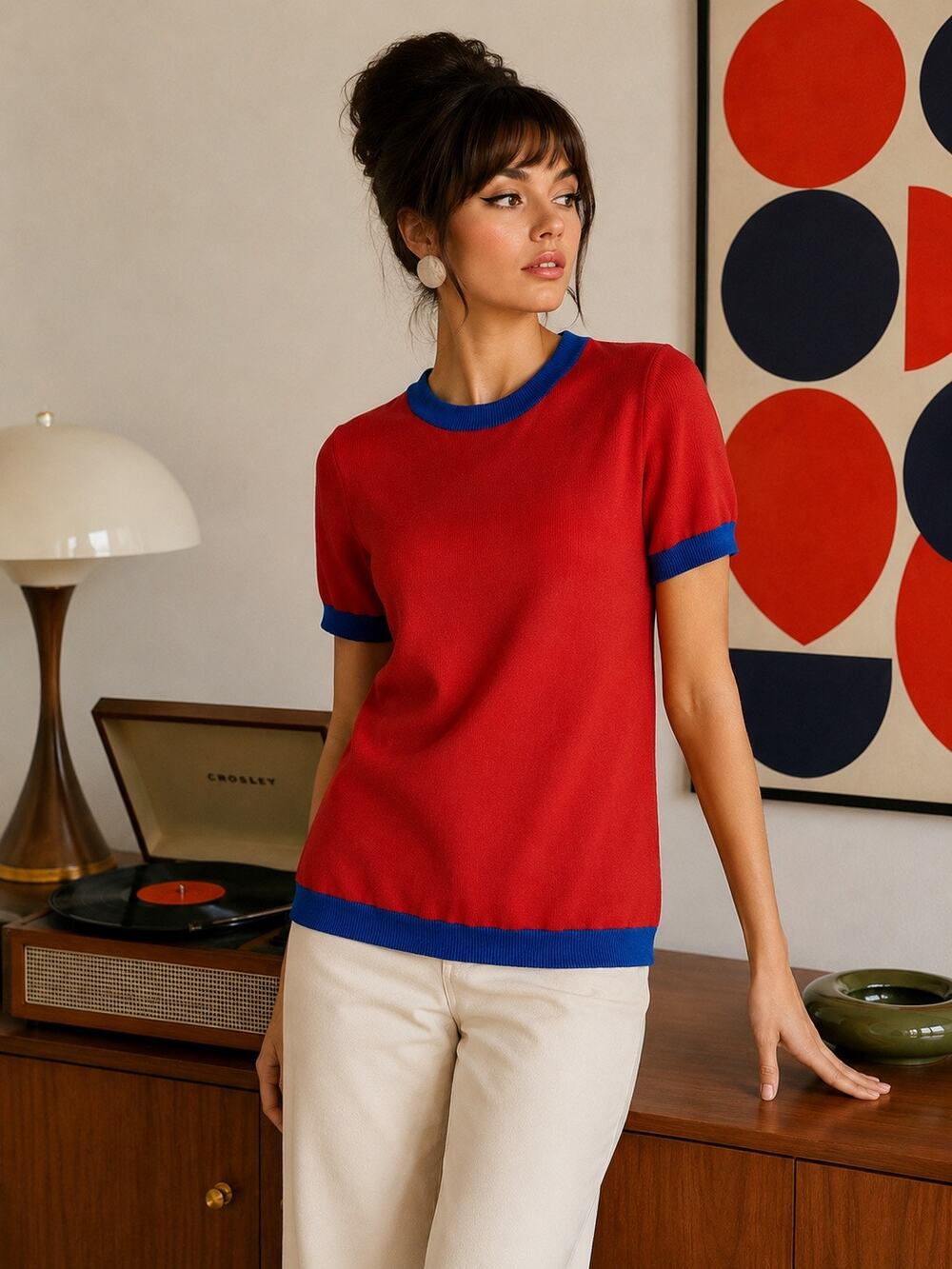 Oxknit Contrast Trim Knit Sweater Top Mod Retro Short Sleeve Size Small NWT